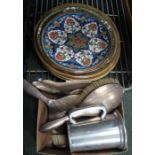 A collection of decorative collectors plates, together with a box containing dressing table top item