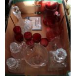 A box of domestic glassware, to include decanters, cranberry glass drinking glasses, etc.