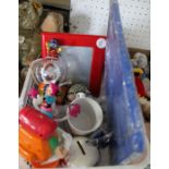 A collection of decorative glass items, together with a selection of toys