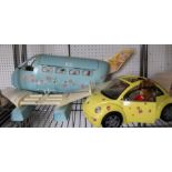 A Barbie aircraft, and two Barbie cars