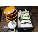 Two ceramic sardine dishes, the covers with fish handles, one by Maruhon Ware, pop boat feeder, wood