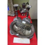 A selection of silver plated items, to include candlesticks, coffee pot, trays, etc