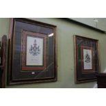 A pair of coloured armorial coats of arms in wooden and glazed frames.