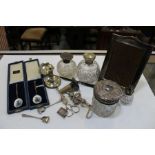 Silver & enamel spoons, bottles, etc