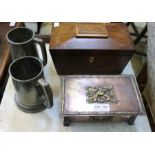 A caddy box, two tankards & a mixed metal box.