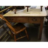 Stripped pine desk / table with drawers & a single chair with elm seat