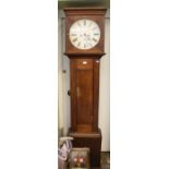 A 19th century oak cased, long cased clock. Circular painted dial, one pendulum, two weights.