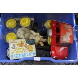 A large crate of useful and collectible domestic items.