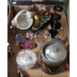 A collection of assorted wares, to includes glass paperweights, biscuit barrel, model greyhound, etc