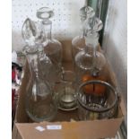 Selection of glass decanters and stoppers, hip flask, ice bucket, labels etc