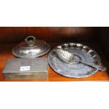 Silver cigarette box, foreign silver tray and spoon and a small plated serving dish.