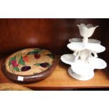 A cream glazed scallop shell table centre piece with a tulip decorated Royal Stanley