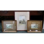 Three assorted small watercolour paintings, includes "Rivell Burt, Cottage Scene