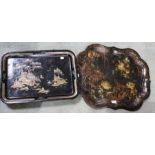 A 19th century hand painted papier-mache tray with an oriental design tin black tray.