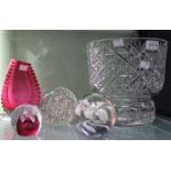 Lead crystal glass vase, a cranberry vase and three paperweights.
