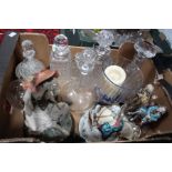 A box of glassware and china wares to include decanters and Capodimonte figurines