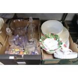A box containing a selection of decanters, water jugs & a box of white pottery serving table ware