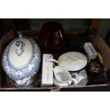 A box of mixed domestic china and glassware and other collectibles.