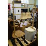 A wooden clothes horse, bergere seated chair & a Lloyd Loom linen basket