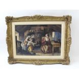 J M Bowkett, figures in a cottage kitchen, watercolour painting signed and dated 1850, gilt framed.