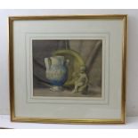 Leslie Webb still life, Jar and Statue, watercolour painting, 22cm x 26cm, framed