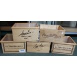 Collection of 5 wooden wine boxes, some with replacement lids