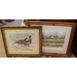 A gilt framed print of pheasants plus another landscape picture.