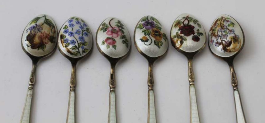 Adie Brothers Ltd, a set of six silver and enamel coffee spoons, London 1962, together with four oth - Image 4 of 5