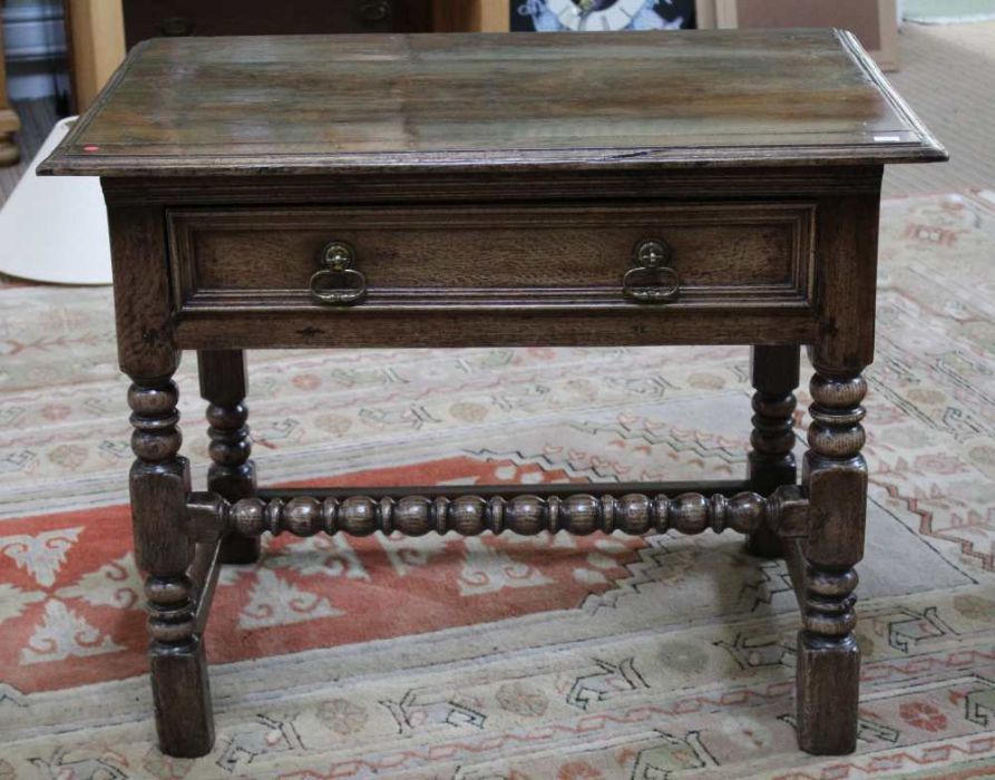 A part 19th century oak side table turned and blocked legs with single drawer, bobbin turned stretch - Image 2 of 4