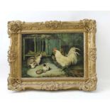 An oil painting, cockerel, rabbit and Guinea pig, inscribed E Hunt, 24cm x 34cm, framed