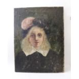Late 19th century European school, Portrait, wearing pink plumed hat, unframed oil painting on canva