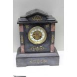 A late 19th century black slate & marble clock, with hand painted gilt highlights, 36cm high