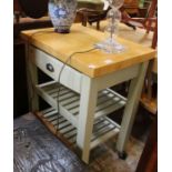 A modern butchers block, single drawer, two slatted shelves.