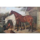 In the manner of J F Herring Jnr, 19th century oil painting a pair of horses and fowl in a yard, 70c