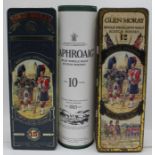 Whisky tins for Glen Moray 12- and 15-year-old plus tube for Laphroaig 10-year-old