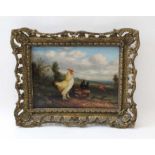 A. Jackson, cockerel and hens in a landscape, oil painting on board, 17cm x 23cm, gilt framed