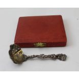 Francis Higgins ll, a Victorian silver sifting ladle, fruiting vine cast handle, gilded bowl, London