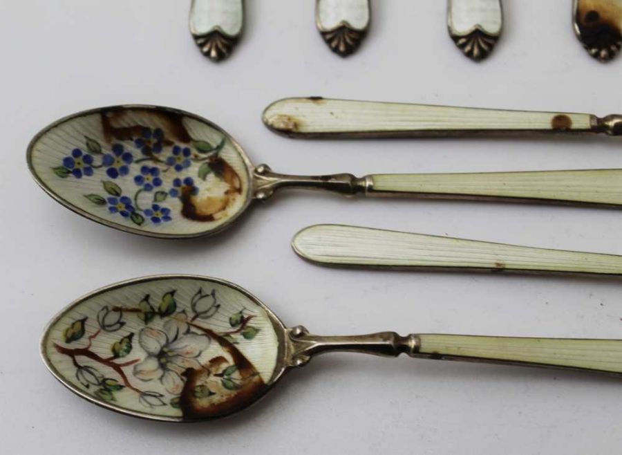 Adie Brothers Ltd, a set of six silver and enamel coffee spoons, London 1962, together with four oth - Image 3 of 5