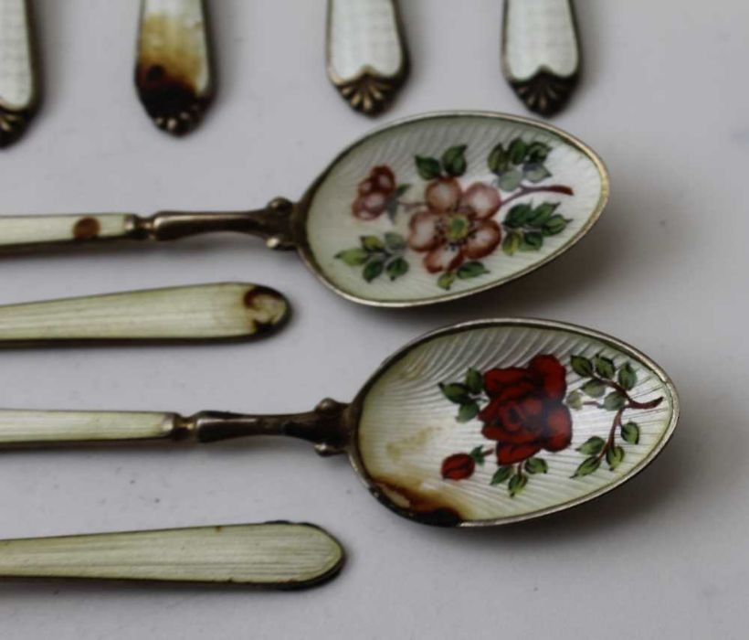 Adie Brothers Ltd, a set of six silver and enamel coffee spoons, London 1962, together with four oth - Image 2 of 5