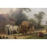 19th century English School, oil painting on canvas, horse drawn logging wagon farm scene, 30cm x 39