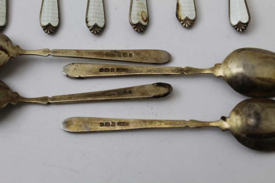 Adie Brothers Ltd, a set of six silver and enamel coffee spoons, London 1962, together with four oth - Image 5 of 5