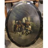 A hand painted papier mache oval table top., the scene depicting "Refreshing the Laird's Horses", 74