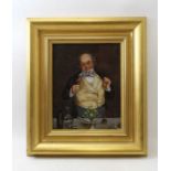An oil painting, Mr Pickwick style character, enjoying the finer things in life