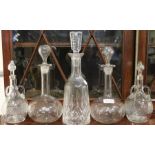 Two pairs of decanters one with silver collars plus a larger single ( 5 )