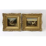 In the manner of George Armfield, a pair of small oil paintings, sporting dogs in the field, 11cm