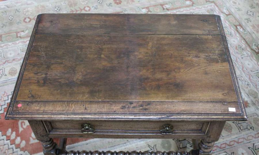 A part 19th century oak side table turned and blocked legs with single drawer, bobbin turned stretch - Image 3 of 4