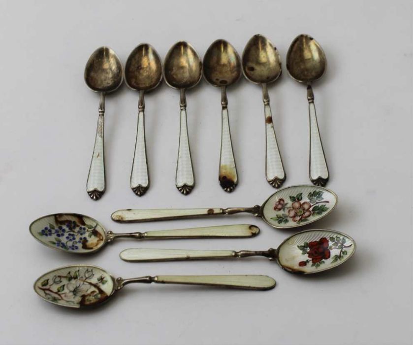 Adie Brothers Ltd, a set of six silver and enamel coffee spoons, London 1962, together with four oth