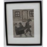 In the style of Lowry, Children playing with their homemade cart, pencil drawing, 19cm x 14cm, frame