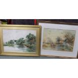 Henry Charles Fox, Two signed watercolours titled 'Hemingford Grey' & 'Crossing the Ford', largest 3