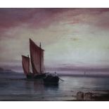 S.L. Kilpack - An original on canvas of a fishing boat and rowing boat in the foreground. In a setti